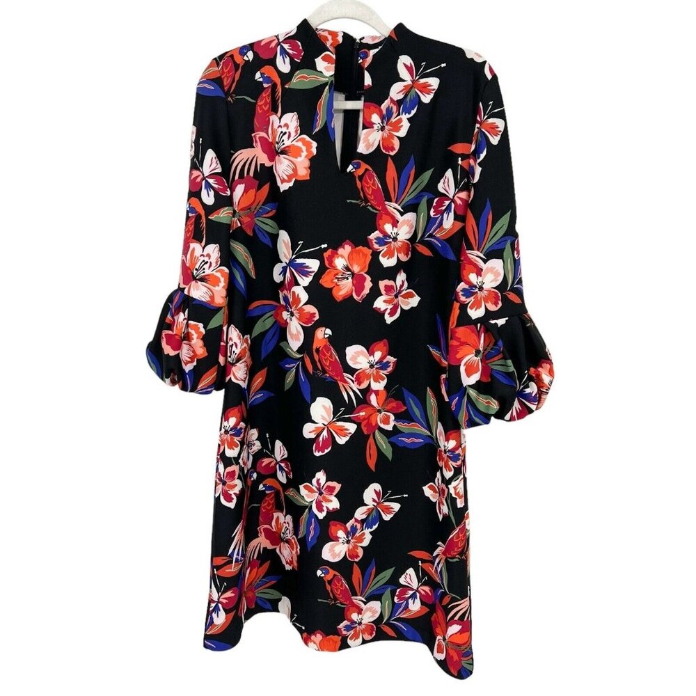 Floral Parrot Print Dress Keyhole Neckline Puff Sleeve‎ Party Cocktail Size L